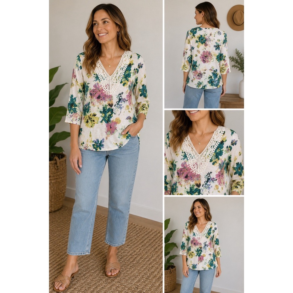 Premise Studio Women's Large Linen Blend Floral Boho Top Crochet V-Neck‎